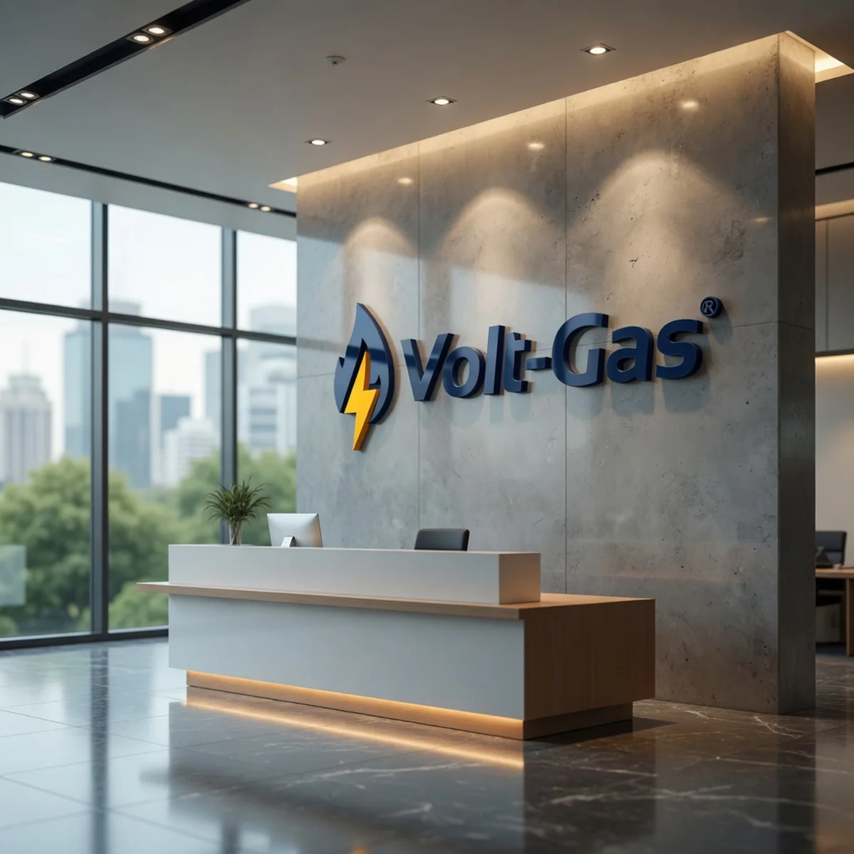 Volt-Gas Team-Standort Berlin — Logo an der Steinwand des Hauptsitzes