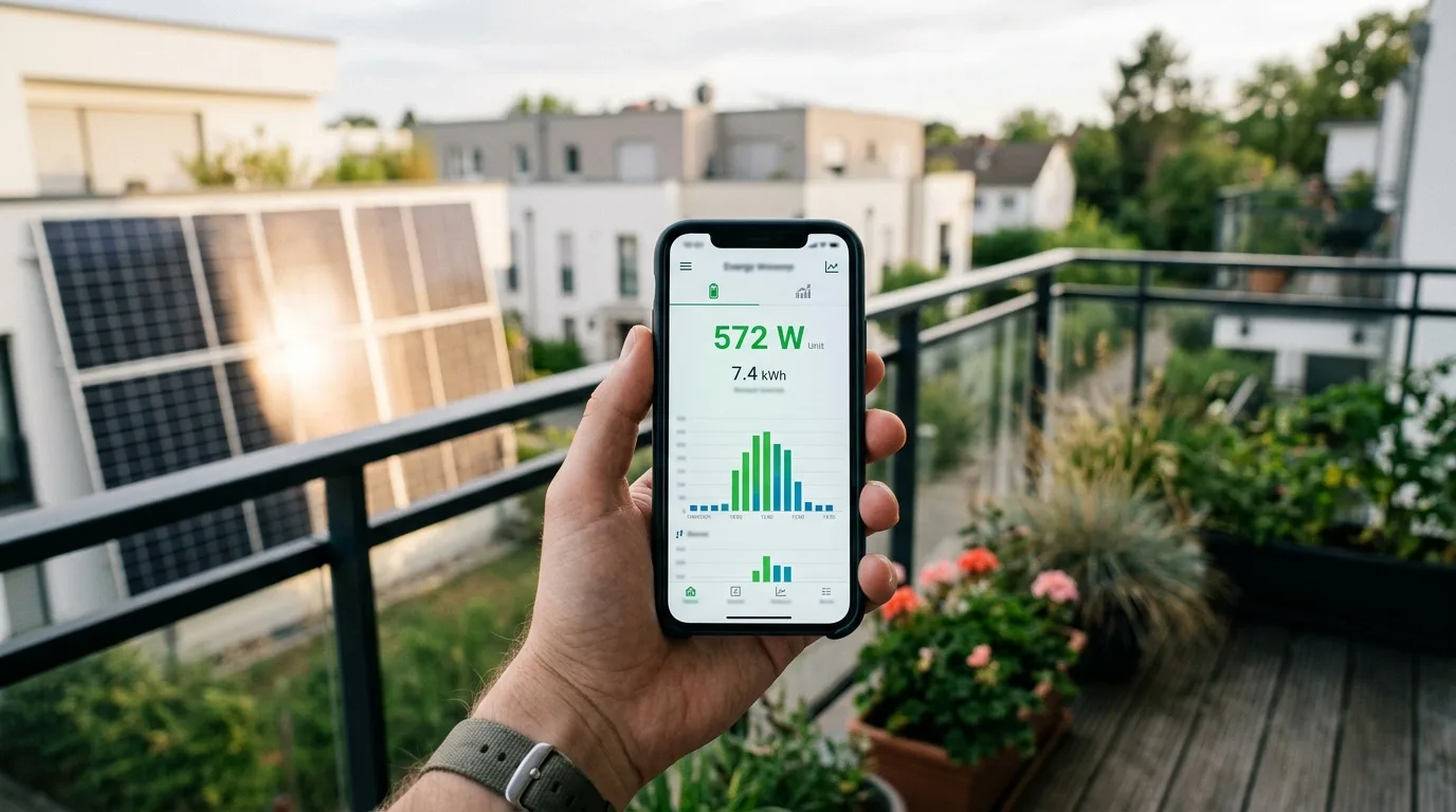 Smartphone mit Energie-Dashboard-App, im Hintergrund unscharf Solarpanele auf dem Balkon
