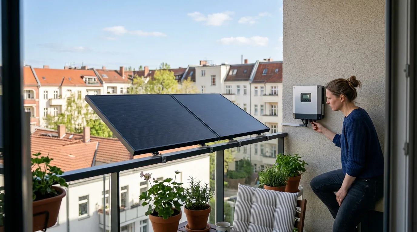 Balkonkraftwerk mit zwei schwarzen Modulen auf einem Mietwohnungs-Balkon in Berlin