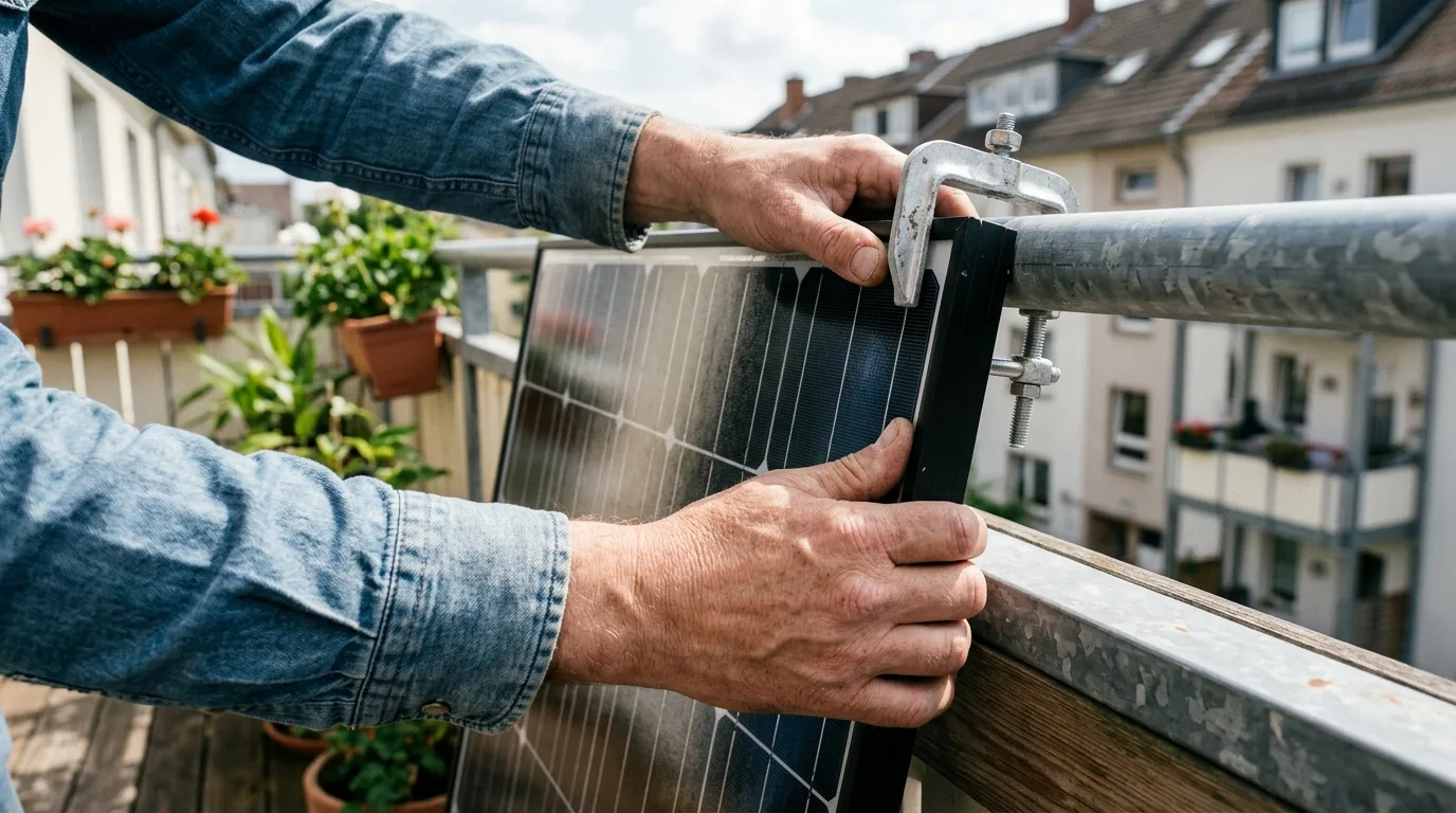 Hände montieren ein schwarzes Solarmodul mit Aluminium-Klemmen an einer Balkonbrüstung