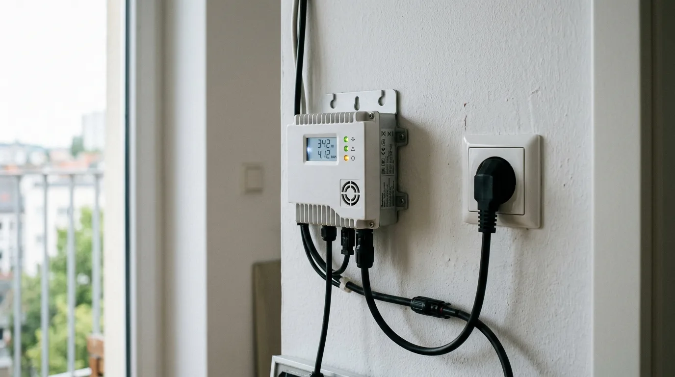 Nahaufnahme des Wechselrichters an der Wand mit digitalem Display