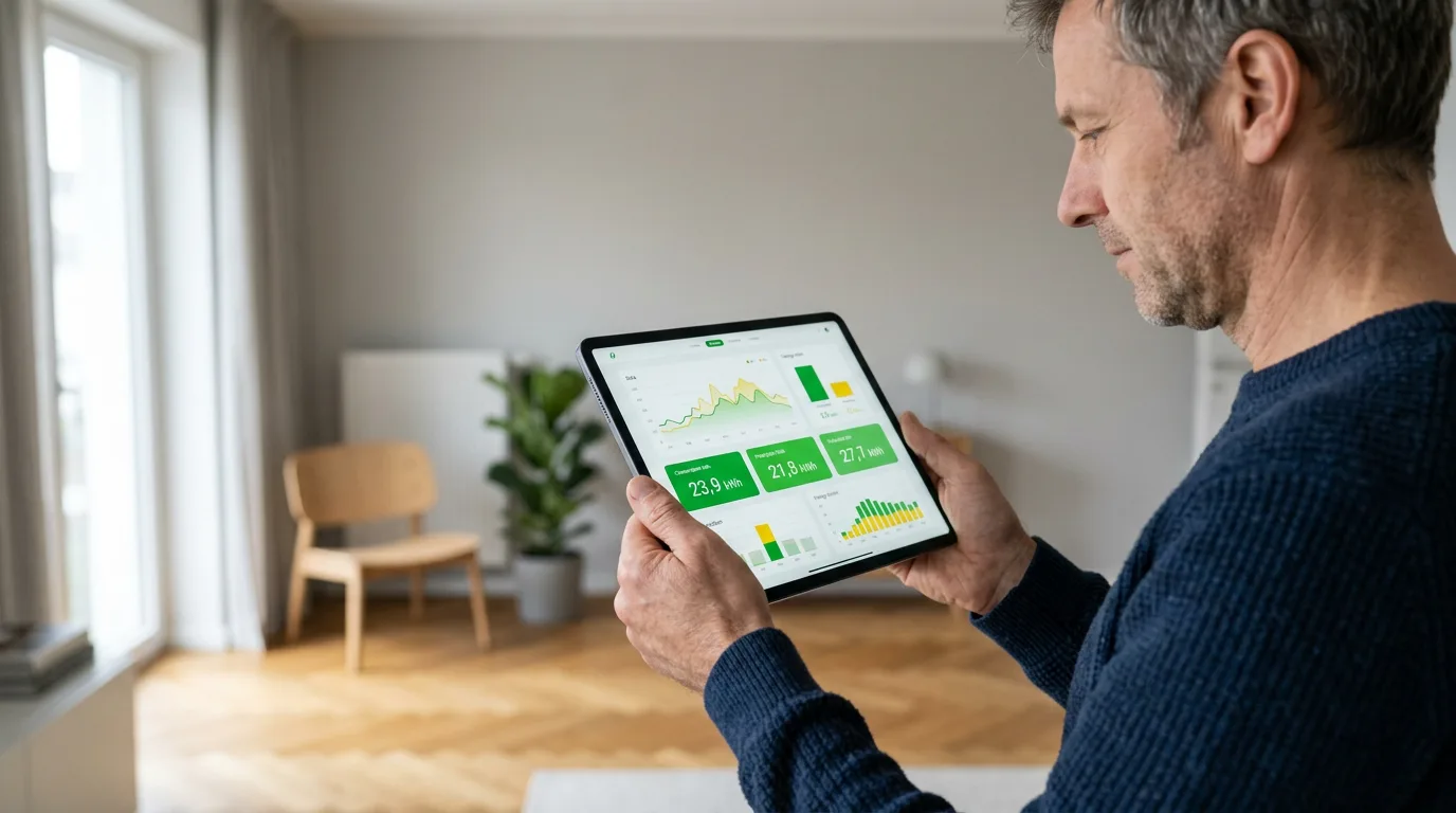 Tablet zeigt das Energie-Dashboard von Familie Krüger mit Verbrauchs- und Produktionsdaten