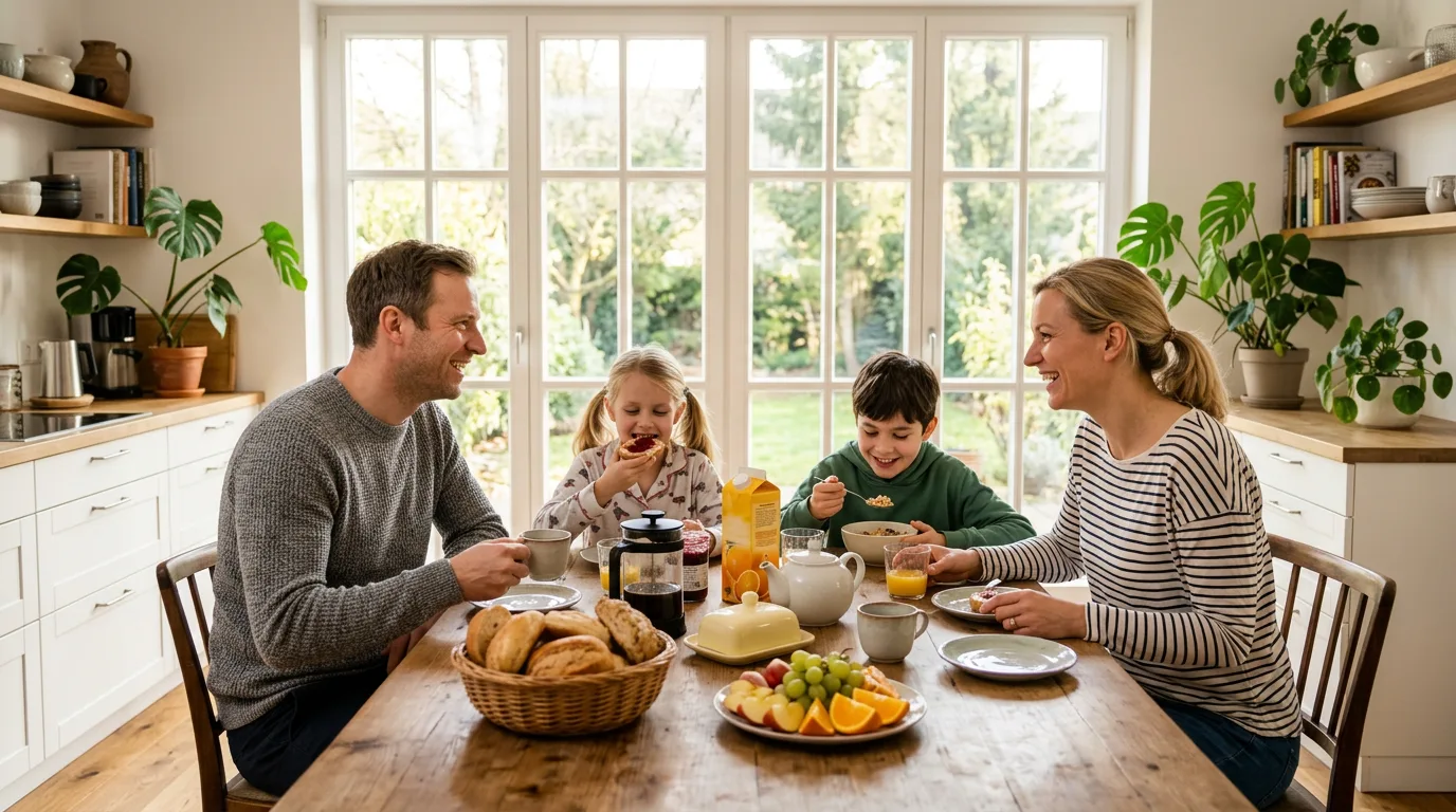 Familie Krüger sitzt entspannt beim Frühstück am Küchentisch in heller Morgensonne