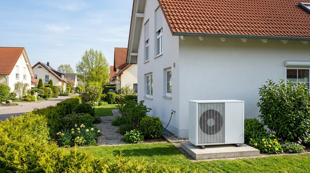 Moderne Luft-Wasser-Wärmepumpe vor einem deutschen Einfamilienhaus