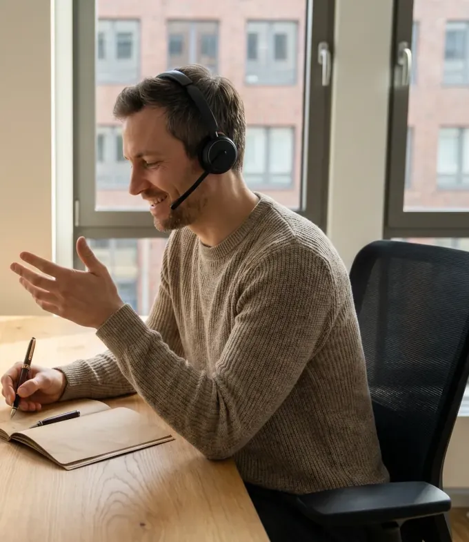Berater mit Headset am Schreibtisch im Gespräch