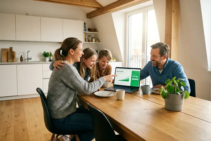 Familie prüft am Küchentisch gemeinsam Tarife am Laptop