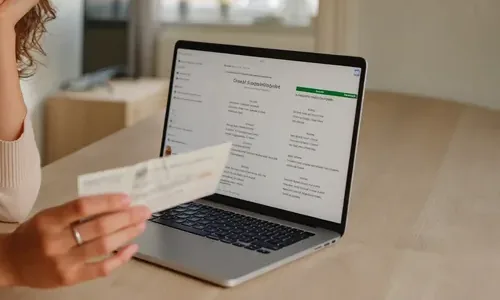 Hand hält eine Energierechnung vor einem Laptop